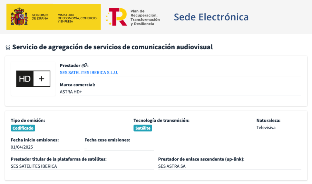 HD+ España en el registro público estatal de prestadores de servicios de comunicación audiovisual